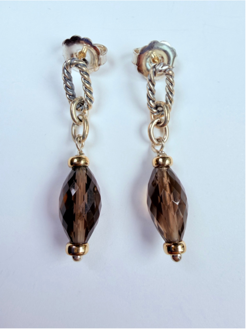 18K Gold David Yurman Smokey Quartz Barrel Figaro 925 Sterling Silver Earrings
